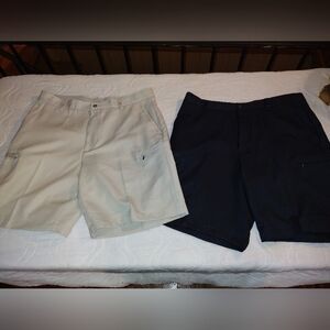 2 pair of Izod Xtreme Function Golf Shorts Blue and Tan size 36 Cargo Pockets